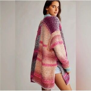 Free People Oversized  Daydreamer Patchwork Knit Cardigan Sweater Pink Size S